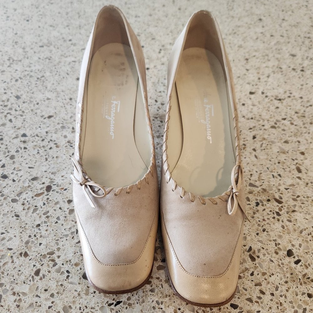 Salvatore Ferragamo Classy Suede and Leather Pumps- Beige, 9 2A